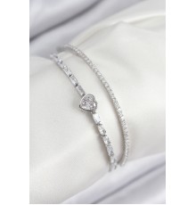 Pirinç Zirkon Taşlı Kalp Model Gümüş Renk Kadın Bileklik