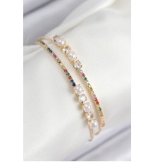 Pirinç Zirkon Taşlı İnci Model Gold Renk Kadın Bileklik