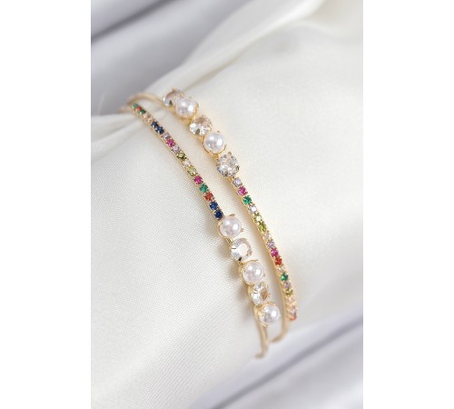 Pirinç Zirkon Taşlı İnci Model Gold Renk Kadın Bileklik