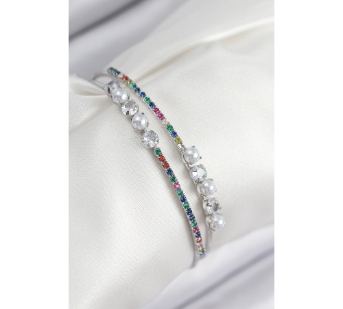 Pirinç Zirkon Taşlı İnci Model Gümüş Renk Kadın Bileklik