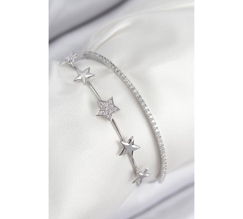 Pirinç Zirkon Taşlı Yıldız Model Gümüş Renk Kadın Bileklik