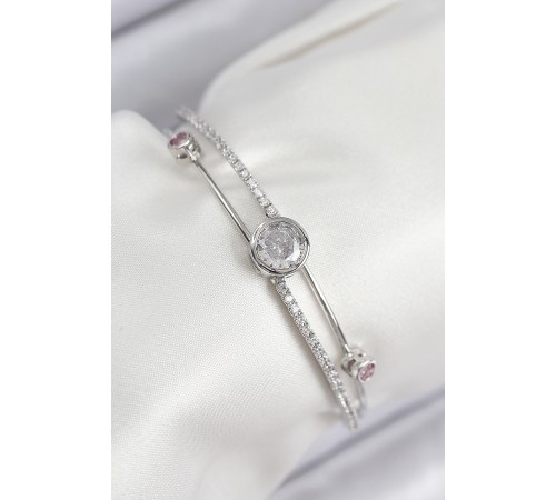 Pirinç Zirkon Taşlı Pırlanta Model Gümüş Renk Kadın Bileklik