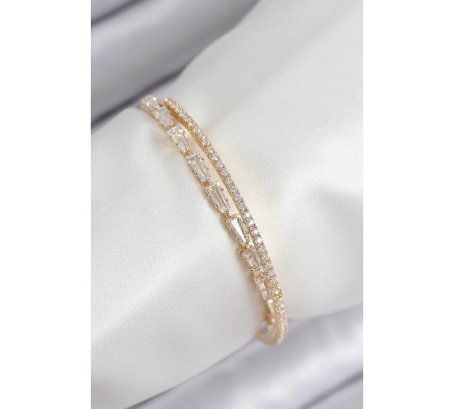 Pirinç Zirkon Taşlı Su Yolu Model Gold Renk Kadın Bileklik