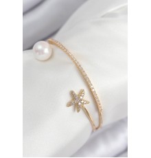 Pirinç Zirkon Taşlı Yıldız Ve İnci Model Gold Renk Kadın Bileklik