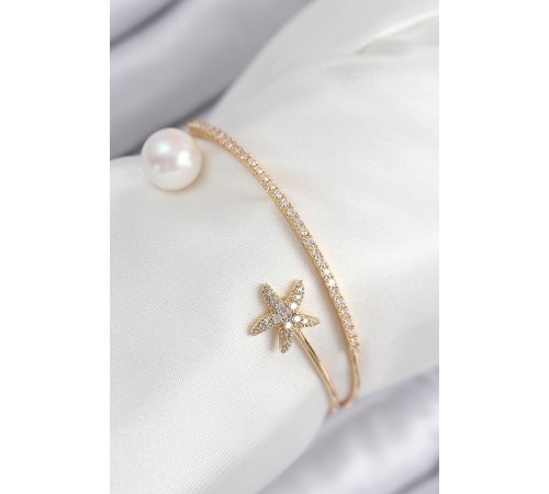 Pirinç Zirkon Taşlı Yıldız Ve İnci Model Gold Renk Kadın Bileklik
