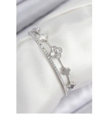 Pirinç Zirkon Taşlı Yonca Model Gümüş Renk Kadın Bileklik