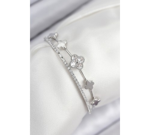 Pirinç Zirkon Taşlı Yonca Model Gümüş Renk Kadın Bileklik