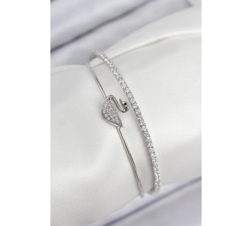 Pirinç Zirkon Taşlı Kuğu Model Gümüş Renk Kadın Bileklik