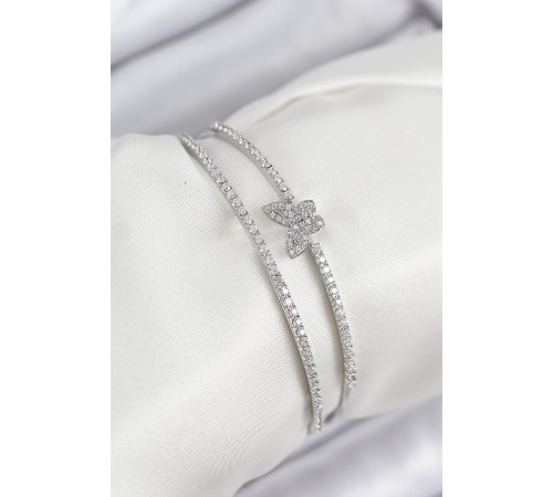 Pirinç Zirkon Taşlı Kelebek Model Gümüş Renk Kadın Bileklik