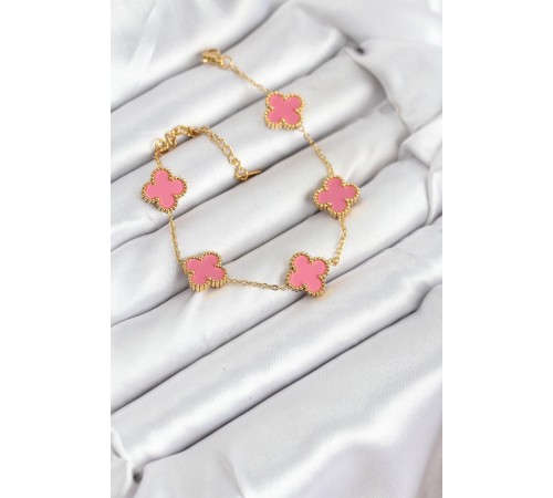 316L Çelik Gold Zincir Pembe Yonca Renk Bileklik