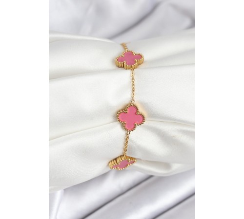 316L Çelik Gold Zincir Pembe Yonca Renk Bileklik