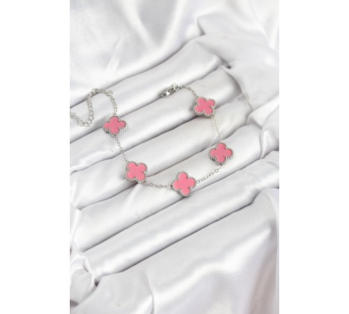 316L Çelik Gümüş Zincir Pembe Renk Yonca Bileklik