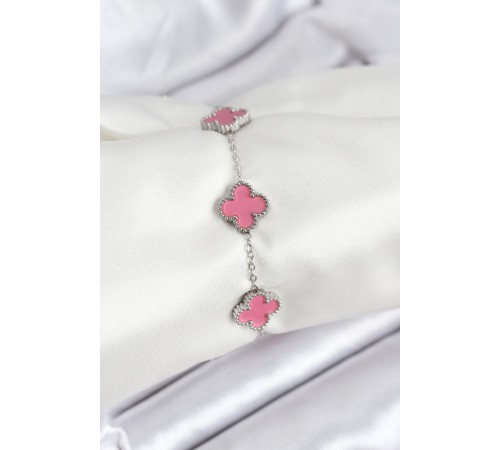 316L Çelik Gümüş Zincir Pembe Renk Yonca Bileklik