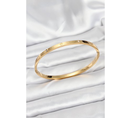 316L Çelik Gold Renk Zirkon Taşlı 65 mm İnce Kadın Kelepçe Bileklik