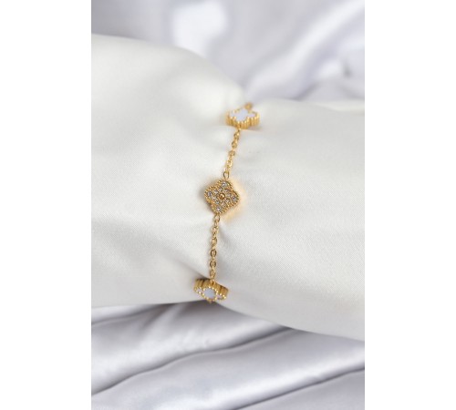 316L Çelik Gold Renk Beyaz ve Zirkon Taşlı Baby Boy Yonca Kadın Bileklik