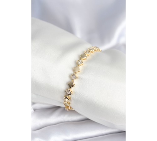 Pirinç Gold Renk Zirkon Taşlı Yonca Model Kadın Bileklik