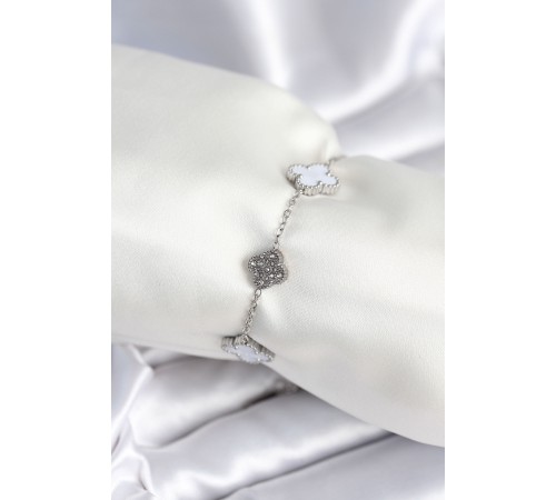 316L Çelik Zincir Gümüş Renk Zirkon Taşlı Yonca Beyaz Kadın Bileklik