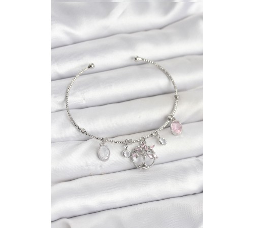 Hayat Ağacı Charmlı Gümüş Renk Pirinç Kadın Bileklik