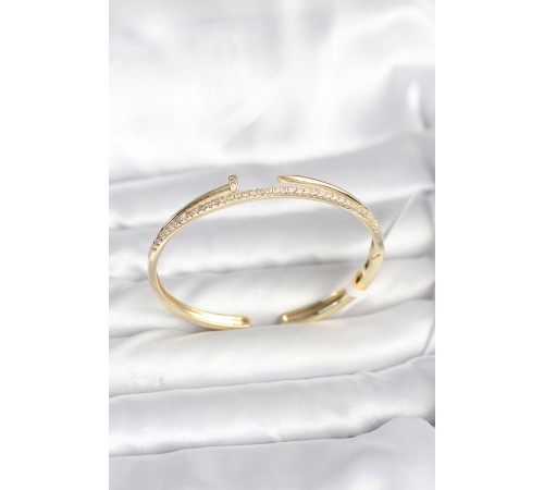 Pirinç Gold Renk Zirkon Taşlı Çivi Model Kadın Kelepçe Bileklik