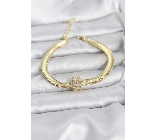 316L Çelik Gold Renk Baget Zirkon Taşlı Yılan Zincirli Kadın Bileklik