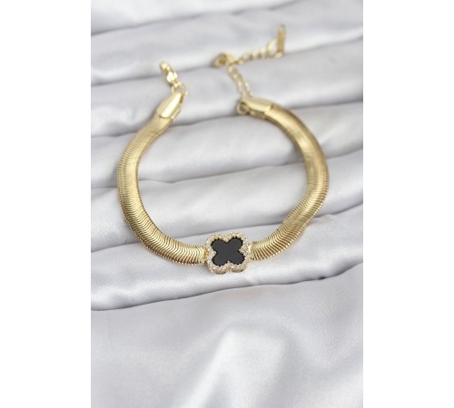 316L Çelik Gold Renk Siyah Yonca Model Zirkon Taşlı Yılan Zincirli Kadın Bileklik