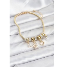 Pirinç Gold Renk Kutup Yıldızı ve Kalp Charmlı Kadın Bileklik