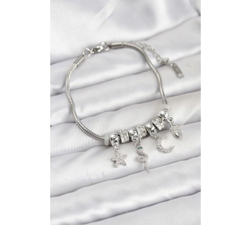 Pirinç Gümüş Renk Yılan Charmlı Kadın Bileklik