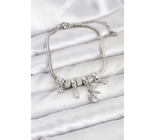 Pirinç Gümüş Renk Tinkerbell Charmlı Kadın Bileklik