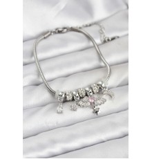 Pirinç Gümüş Renk Kanatlı Charmlı Kadın Bileklik