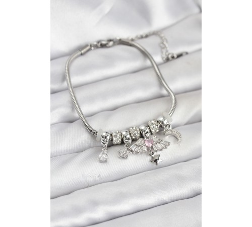 Pirinç Gümüş Renk Kanatlı Charmlı Kadın Bileklik