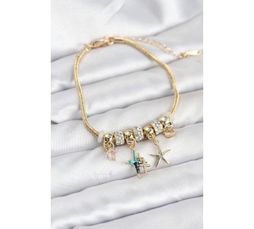 Pirinç Gold Renk Yıldız Model Charmlı Kadın Bileklik
