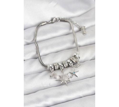 Pirinç Gümüş Renk Güneş Tema Charmlı Kadın Bileklik