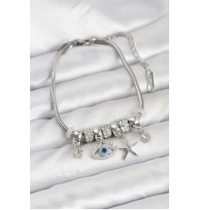 Pirinç Gümüş Renk Göz Model Charmlı Kadın Bileklik