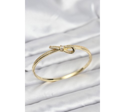 Pirinç Gold Renk Zirkon Taşlı Fiyonk Model Kadın Kelepçe Bileklik