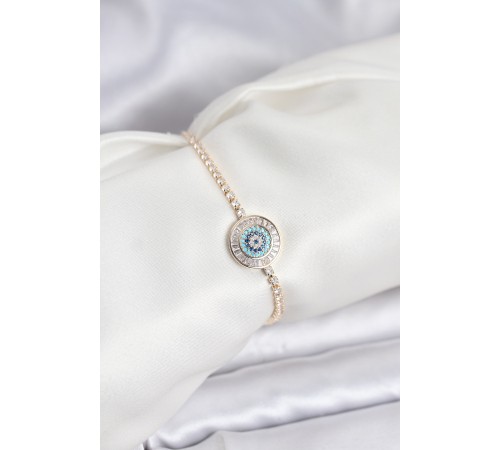 Gold Renk Nazar Model Zirkon Taşlı Asansörlü Su Yolu Bileklik