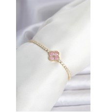 Pirinç Gold Renk Pembe Zirkon Taşlı Yonca Model Su Yolu Kadın Bileklik