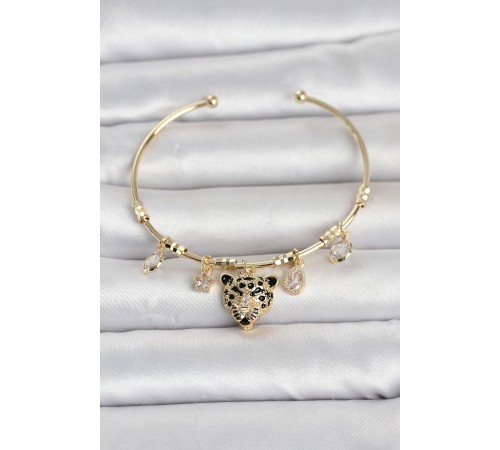 Pirinç Gold Renk Leopar Detaylı Charmlı Kadın Bileklik