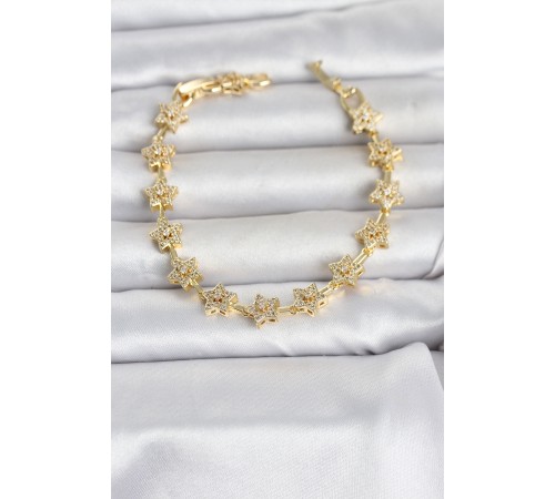 Pirinç Gold Renk Zirkon Taşlı Sıralı Yıldız Model Kadın Bileklik