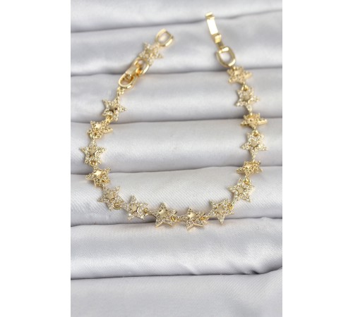 Sıralı Yıldız Model Zirkon Taşlı Gold Renk Pirinç Kadın Bileklik