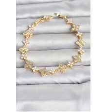 Pirinç Zirkon Taşlı ve Mineli Yonca Model Gold Renk Kadın Bileklik