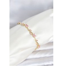 Pirinç Gold Renk Pembe Zirkon Taşlı Çiçek Model Kadın Bileklik