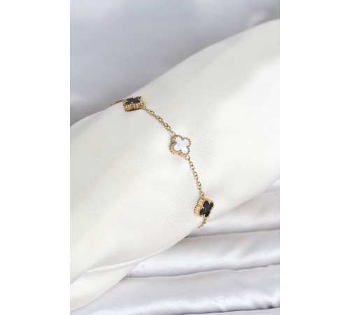 316L Çelik Gold Renk Siyah Beyaz Baby Yonca Model Kadın Bileklik