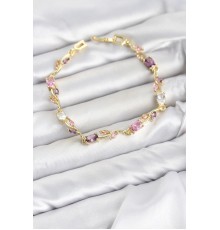 Pirinç Gold Renk Pembe ve Mor Zirkon Taşlı Çiçek Model Kadın Bileklik