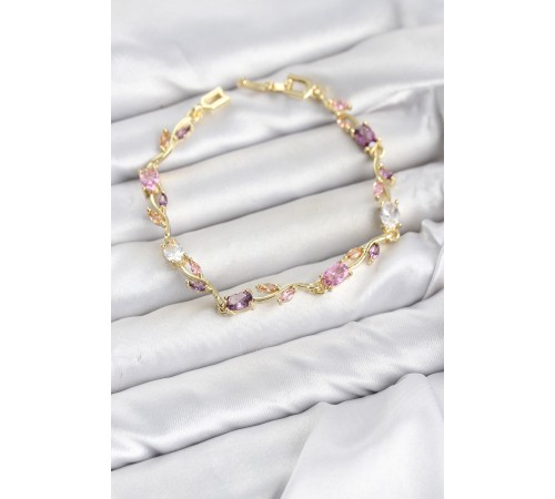 Pirinç Gold Renk Pembe ve Mor Zirkon Taşlı Çiçek Model Kadın Bileklik