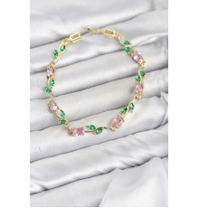 Pirinç Gold Renk Pembe Zirkon Taşlı Çiçek Model Kadın Bileklik