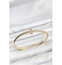 Gold Renk T Model Zirkon Taşlı Kadın Kelepçe Bileklik