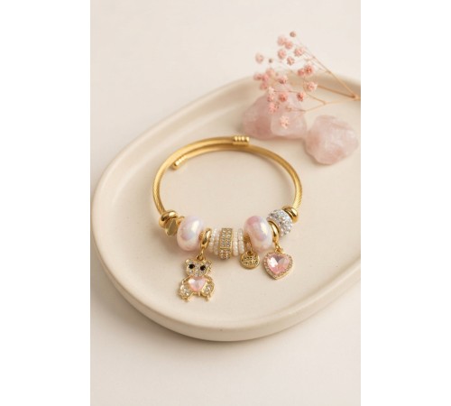 Tedy Bear Model Gold Renk Pembe Charmlı Bileklik