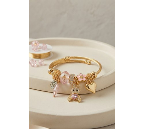 Tavşan Model Gold Renk Pembe Charmlı Bileklik