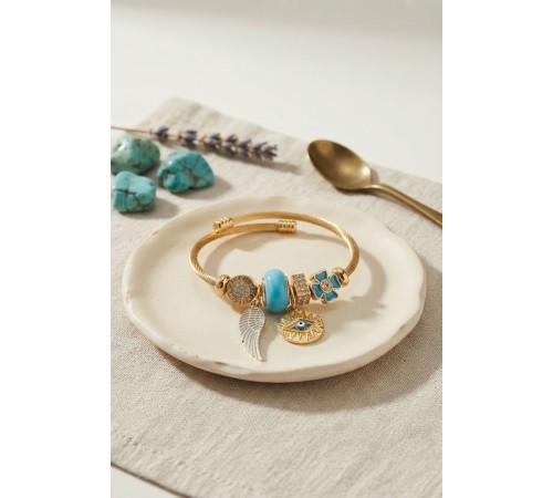 Mavi Renk Göz Model Gold Charmlı Bileklik