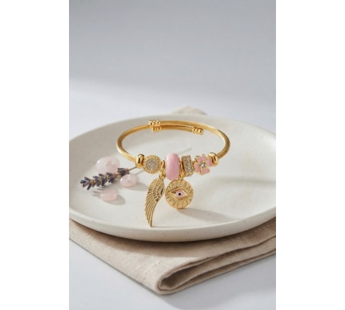 Pembe Göz Model Gold Renk Charmlı Bileklik